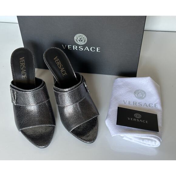 Versace Virtus Leather Black Sandals Shoes 7 US (37 Euro) Spain 1011901 NIB $990 - Picture 12 of 16